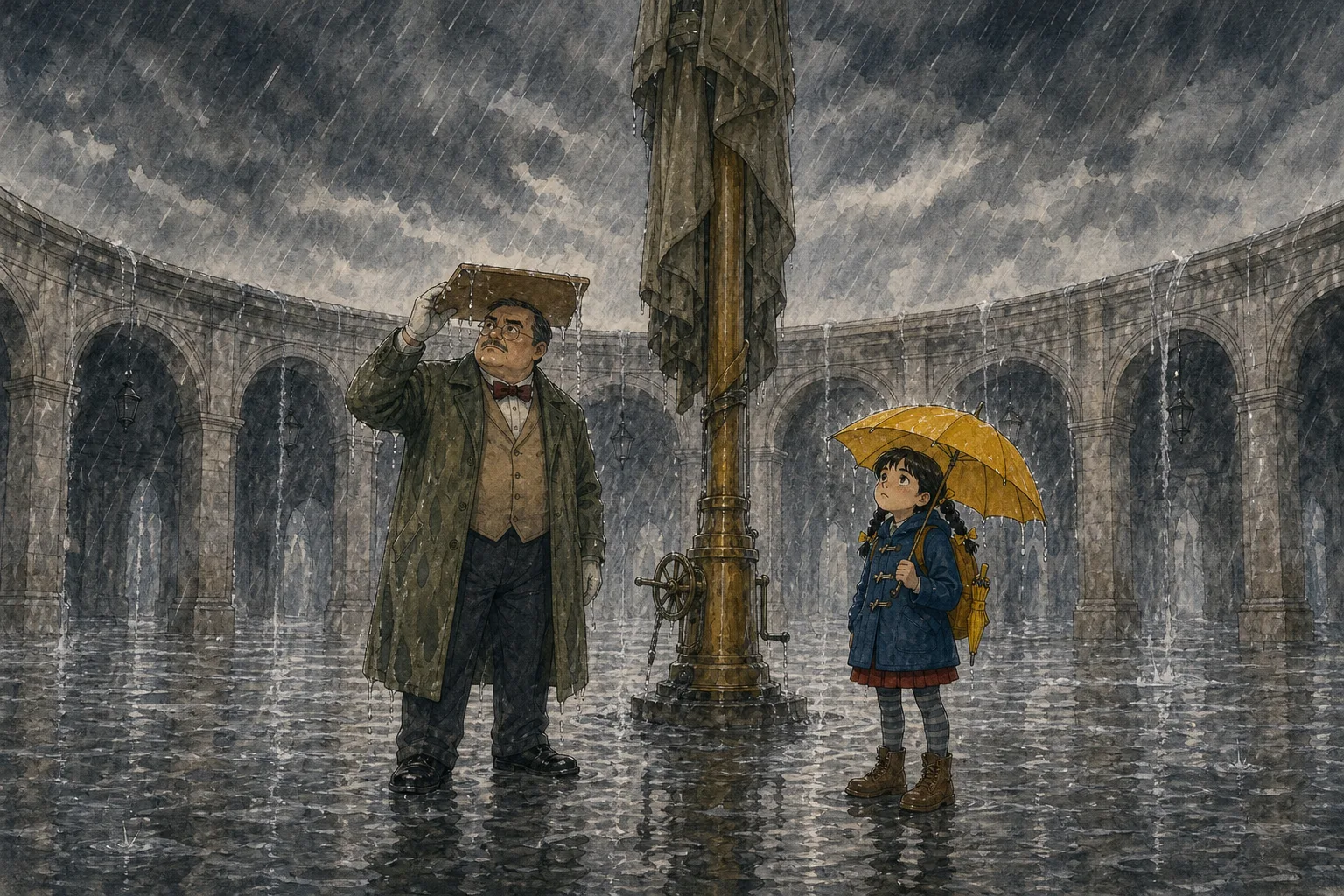 La piazza è allagata; Riva si ripara col fascicolo, mentre Mina apre il suo piccolo ombrello giallo.