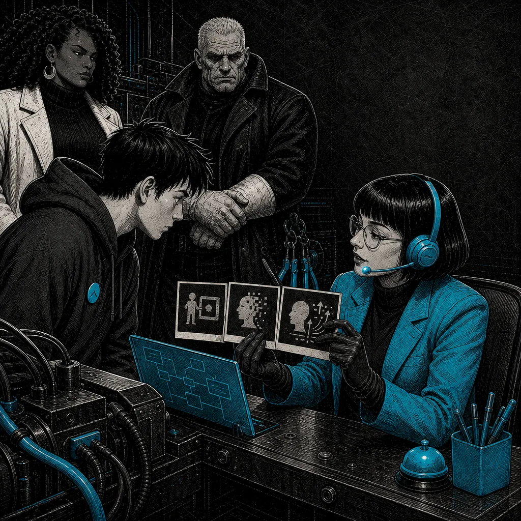 Ada mostra a Nico una sequenza di istruzioni illustrate e gli condivide i comandi.