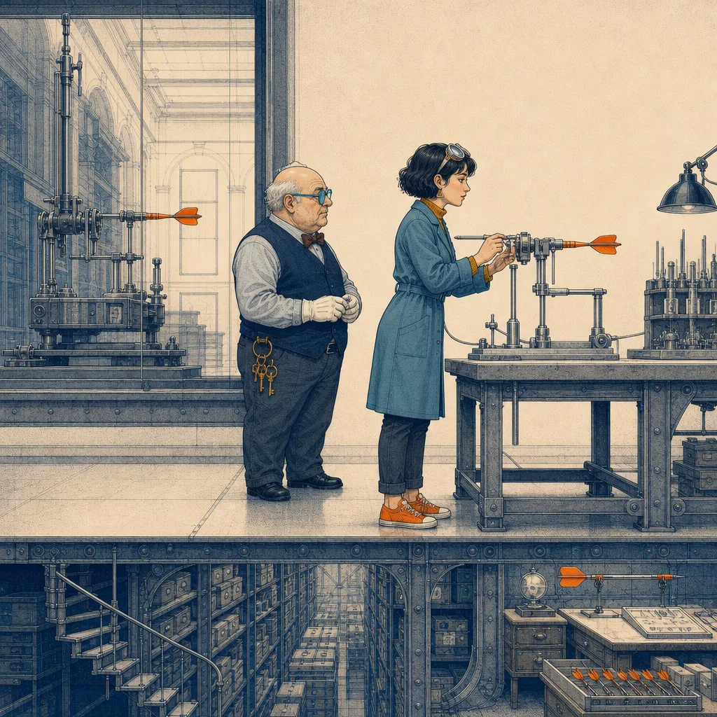 Nora copia con cura l’assetto del lanciatore esposto nella galleria.