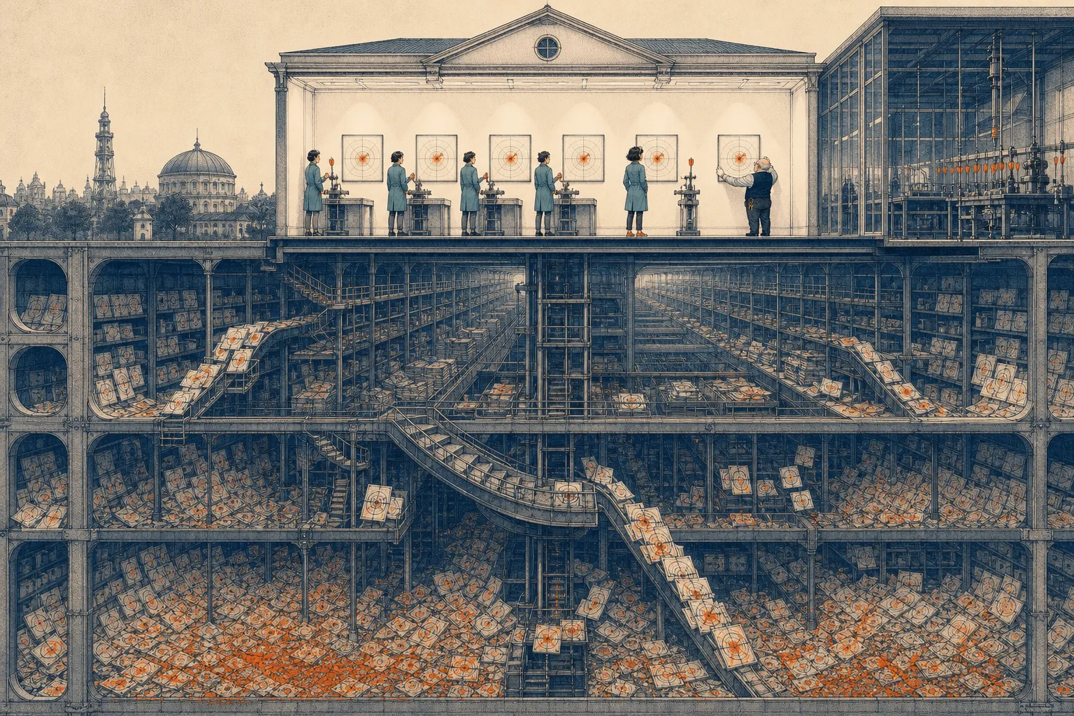 Sotto la piccola galleria dei centri, un archivio immenso trabocca di bersagli mancati.