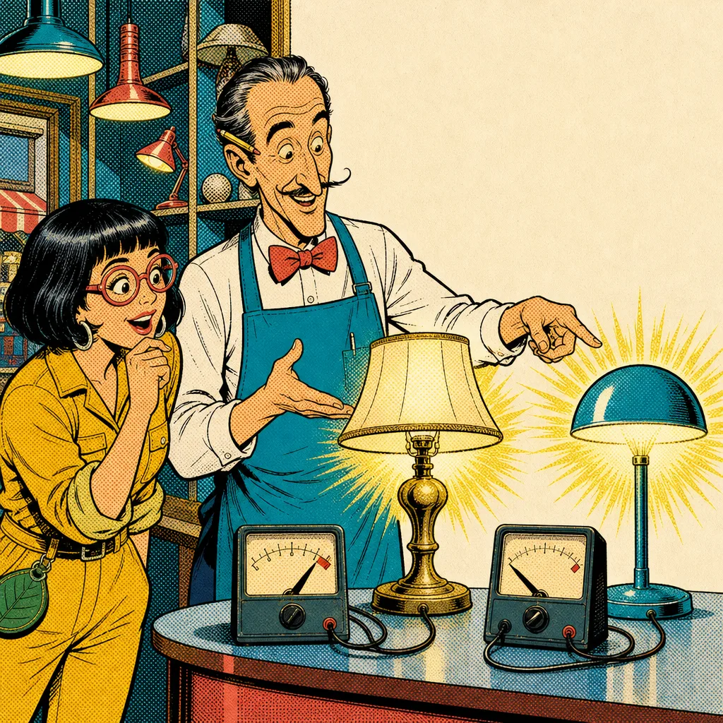 In negozio, due lampade fanno la stessa luce; il contatore di quella efficiente si muove appena.