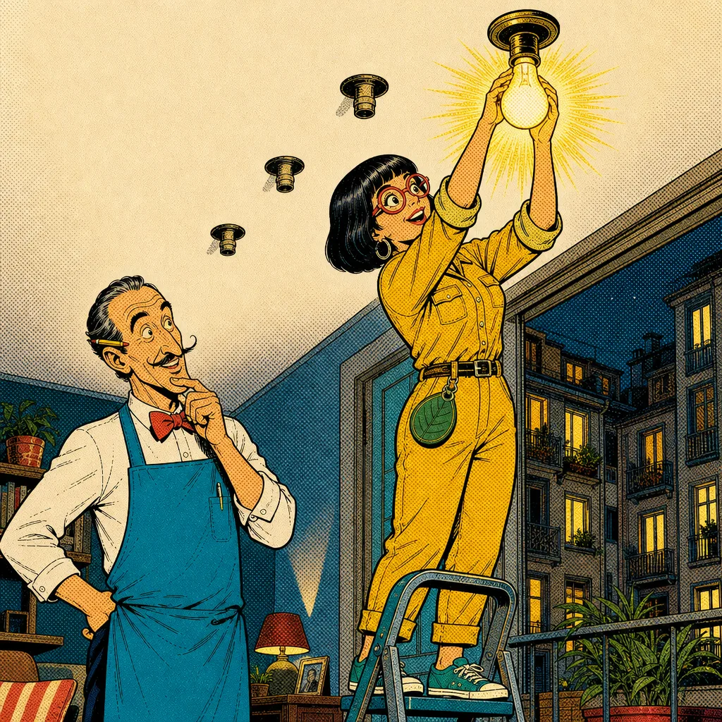 Lina monta la lampadina; dietro di lei, una fila di portalampada vuoti conduce verso un angolo buio.