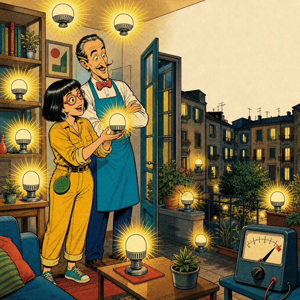 Dieci lampadine riempiono la stanza; il contatore è tornato in alto e Lina ne tiene pronta un’altra.