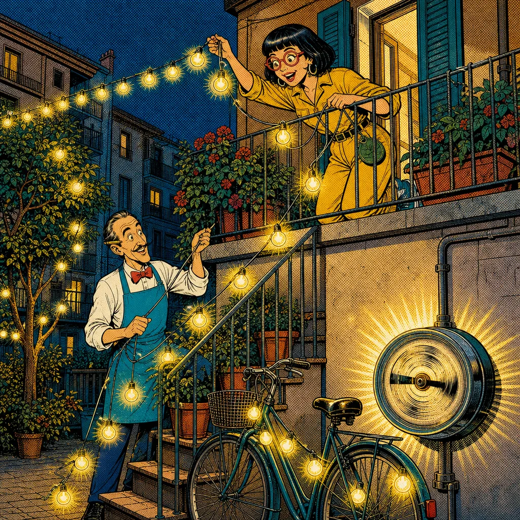 Lina porta le luci dal balcone al cortile; il contatore esterno gira ormai vorticosamente.